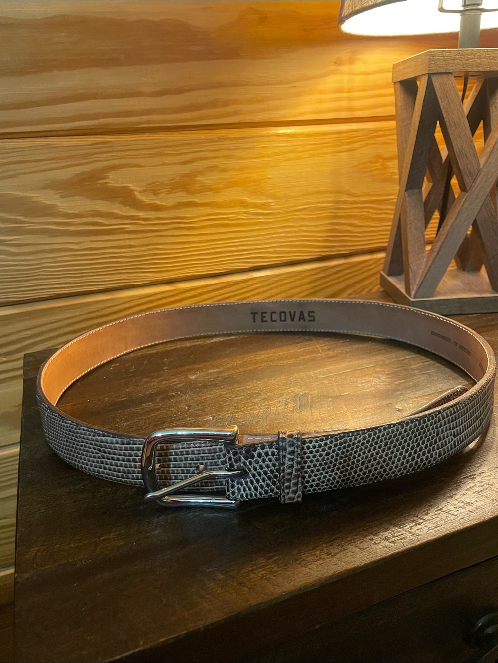 Tecovas Men's Genuine Exotic Limestone Lizard Belt with Silver Buckle / Size 36